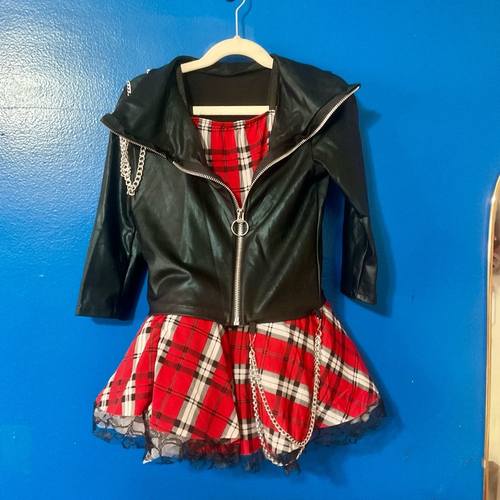 Girls Red Plaid Skirt and Black Faux Leather Jacket Dance Costume